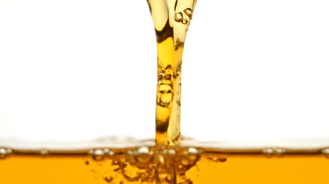 Golden liquid pouring into a glass, creating a bubbly surface, close-up shot
