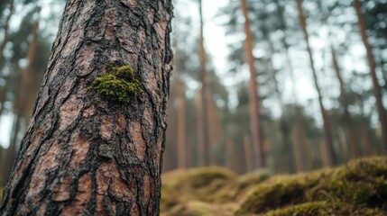 Fototapeta premium Close up of textured tree bark with vibrant moss growth in a peaceful forest landscape