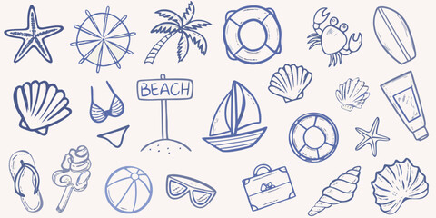 Collection of hand drawn summer beach themed doodles and illustrations © Mithun