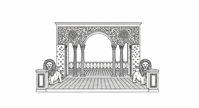 Ornate pavilion with arched entrance and two flanking lion statues