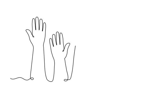 Raised hands one line art animation, hand-drawn group of hands continuous contour drawing motion, voting democracy participation, business teamwork support, volunteer community unity collaboration