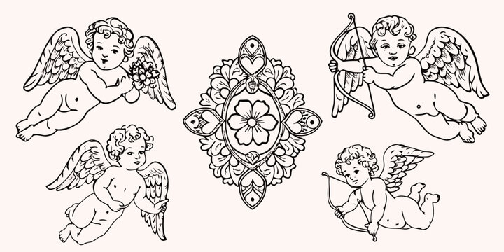 Vintage cherubic angels and floral heart design in black and white