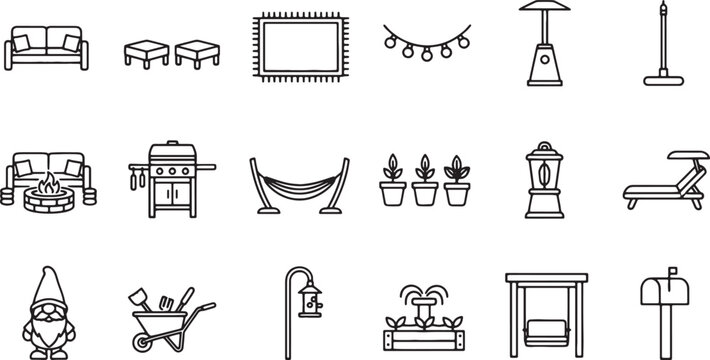 line icons of outdoor and indoor furniture and objects