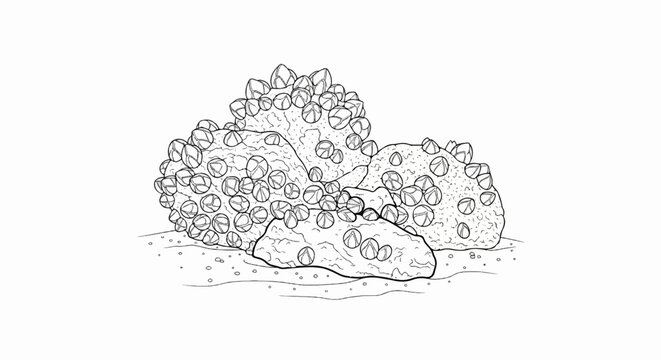 Detailed ink drawing of clustered barnacles attached to rocks on a sandy seabed