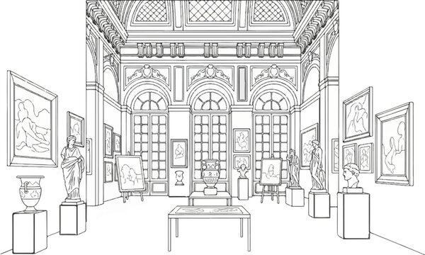 Interior of a grand art gallery with classical statues and paintings on display