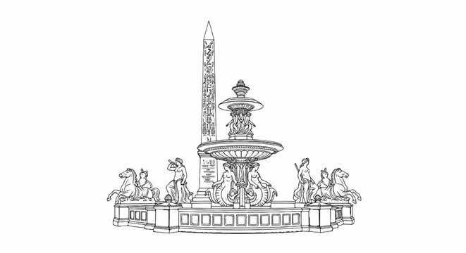 Detailed sketch of ancient Egyptian obelisk and ornate fountain with statues