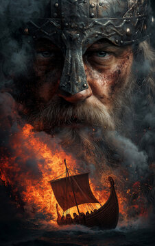 Dramatic viking warrior portrait with burning drakkar sailing on stormy sea for nordic mythology storytelling, epic historical posters and cinematic fantasy art