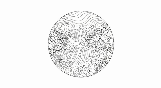 Intricate circular black and white drawing with abstract organic shapes and textures