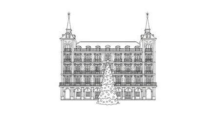 Obraz premium Detailed line drawing of an ornate building facade with a Christmas tree