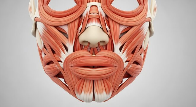 Detailed 3D medical illustration of human facial muscles, showing the muscular structure of the mouth, nose, and eyes on a light background