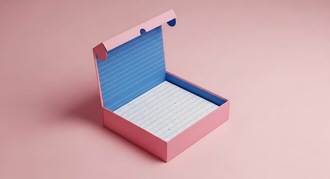An open pink box with blue interior on a pink background