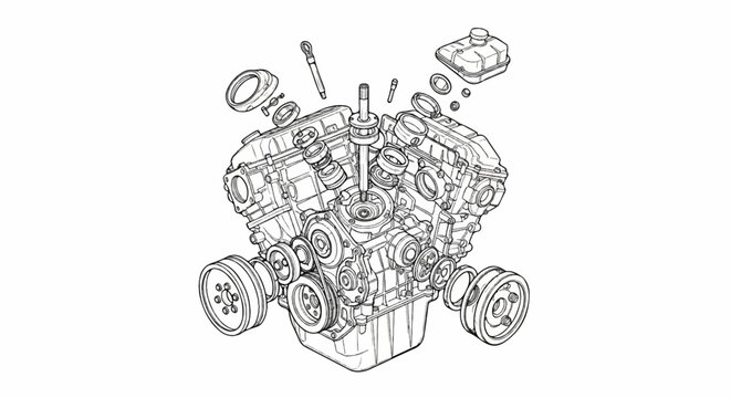 Detailed line art exploded view of a complex mechanical engine assembly