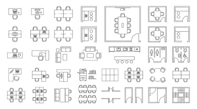 Top View Coworking Office Floor Plan Vector Icon Set Shared Workspace Layout Thin Line Blueprint Symbols