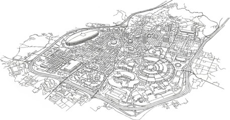 Obraz premium Detailed aerial sketch of a sprawling city with a stadium and complex road networks