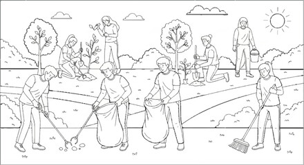 Obraz premium Community members plant trees and clean a park on a sunny day