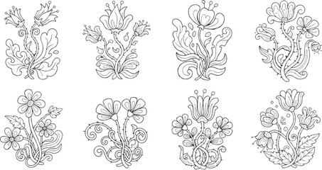 Fototapeta premium Collection of eight stylized floral line art illustrations on a white background