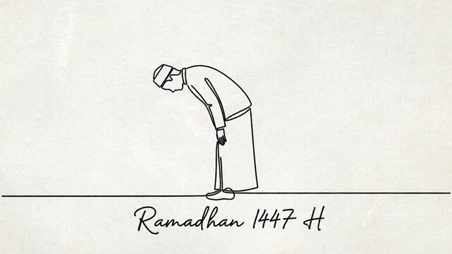 Minimalist line art of Muslim man bowing in prayer for Ramadhan 1447 H