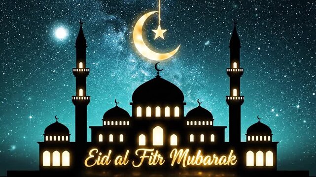 Mosque silhouette, glowing moon and star, Eid al Fitr Mubarak under starry sky