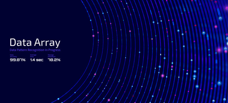Futuristic abstract vector background with flowing neon lines and glowing particles forming a dynamic wave pattern on a blue background. Big data processing, artificial intelligence, digital networks
