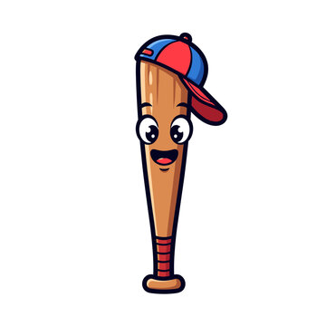 Cartoon baseball bat character wearing a backward baseball cap with a happy face