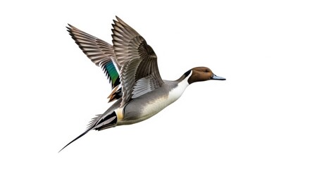Obraz premium Northern Pintail Duck in Flight Against White Background.