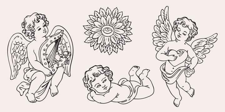 Vintage cherub and sunflower illustrations in a classic tattoo style