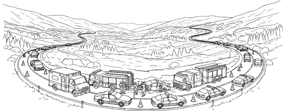 Emergency vehicles and traffic congestion on a winding mountain road