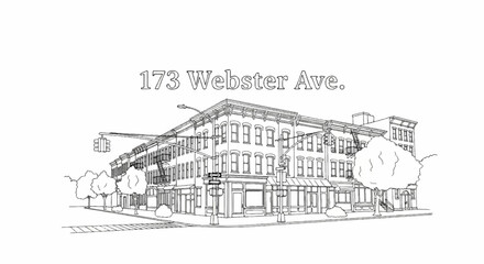 Obraz premium A vintage line drawing depicts a street corner with brick buildings and trees