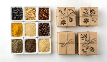 Assortment of spices and herbal tea selections in small containers