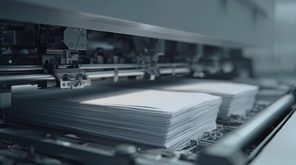 Obraz premium Industrial printing press mechanism over stacked paper