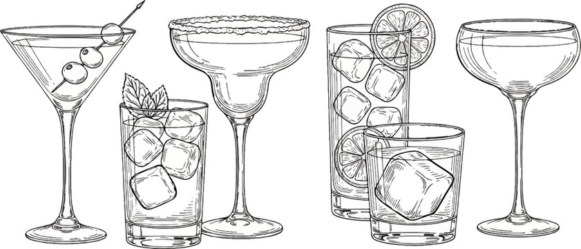 A vintage sketch showcases an assortment of refreshing beverages in various glass styles