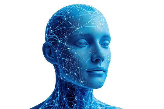Artificial intelligence face with neural network connections, illustrating ai, science, and future technology