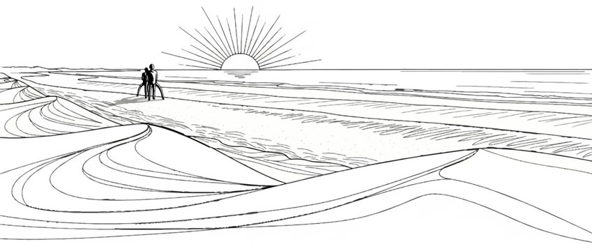 Two figures with a bicycle watch the sun rise over the ocean from sand dunes