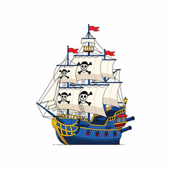 Pirate Ship Sailing Vessel Cartoon Illustration. © Ubay