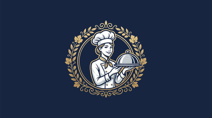 Elegant Chef Holding Serving Dish Luxury Restaurant Logo Vector
