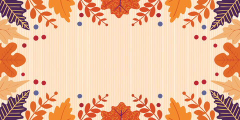 Autumn leaves and berries frame a light orange striped background © Tapan