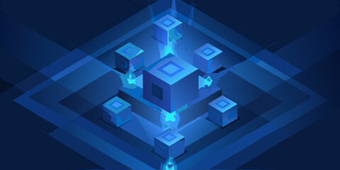 Obraz premium Abstract isometric composition of glowing blue cubes and geometric shapes