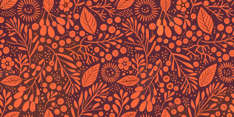 Floral pattern featuring stylized orange and reddish brown botanical illustrations © Tapan