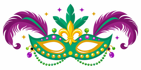 A vibrant mardi gras mask decorated with feathers and golden accents © Tapan