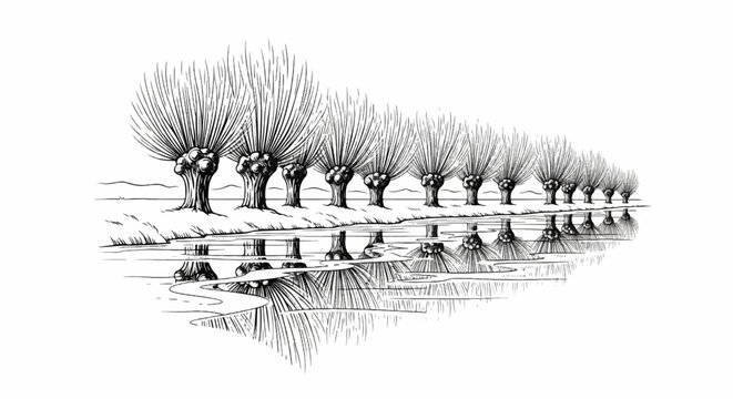 Row of pollarded trees reflected in calm water