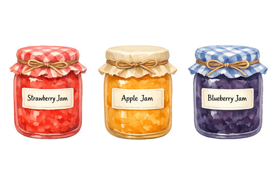 Set of Jam Jars &ndash; Strawberry, Apple and Blueberry Jam in Cute Rustic Glass Jars Isolated on Transparent Background - Vector Watercolor Illustration