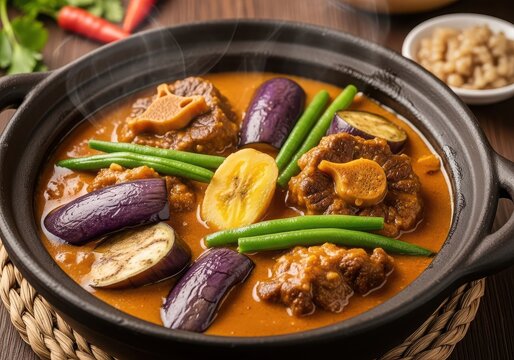 A delicious and savory filipino dish called sinigang in a black bowl