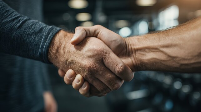 Hands shaking in fitness gym setting symbolizing partnership and trust