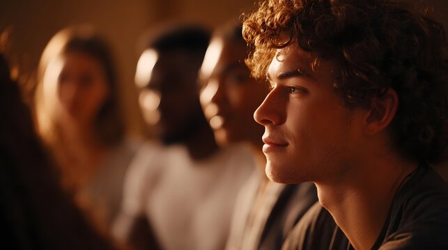 Diverse young adults in profile attentively listening in a warmly lit indoor setting