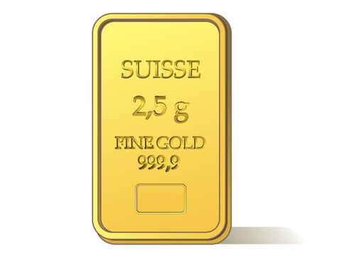 A singular 2.5 gram Suisse fine gold bar with 999.9 purity is presented vertically on a crisp white background. Finance concept