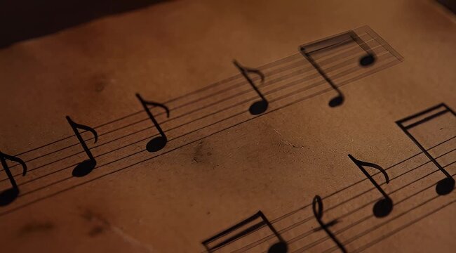 Close-up of musical notes on sheet music with warm vintage lighting.