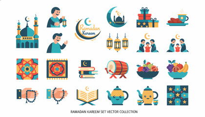Fototapeta premium Ramadan Kareem Icons: Mosque, Prayer, Food, Gifts, Quran, Drum