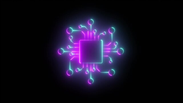Vibrant Glowing Computer Chip with Networking Lines CPU, processor microchip chip circuitry motherboard data.