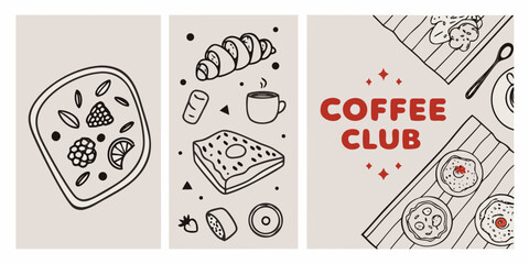 Hand drawn illustrations of breakfast foods and coffee presented as a triptych © Bebdas