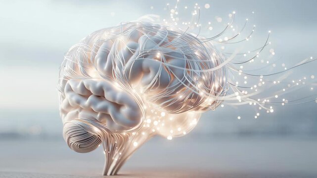 Futuristic neural system with luminous connections. Scientific depiction of radiant neural structure with pulsing links and reflective base